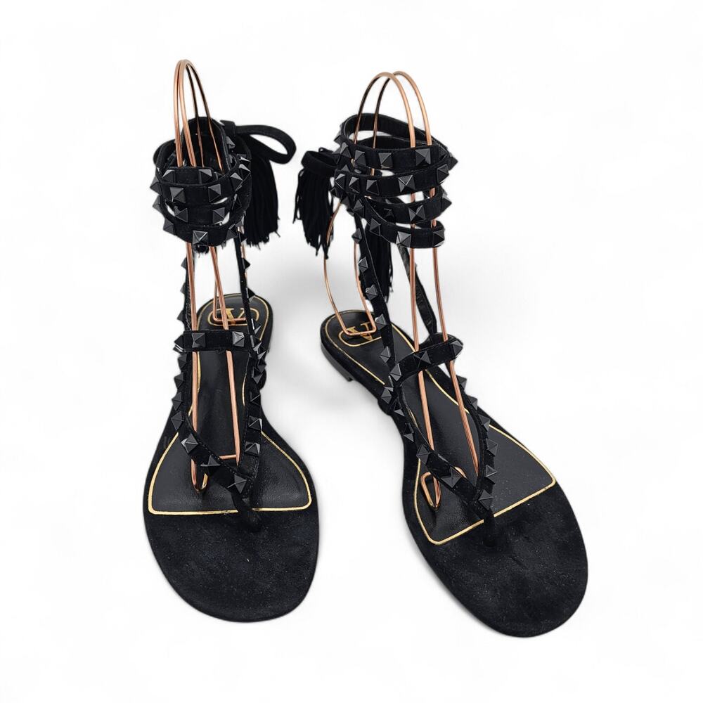 Valentino Garavani Rockstud Gladiator Flat Sandal Black Suede Size 37.5 US 7.5 - Picture 2 of 12